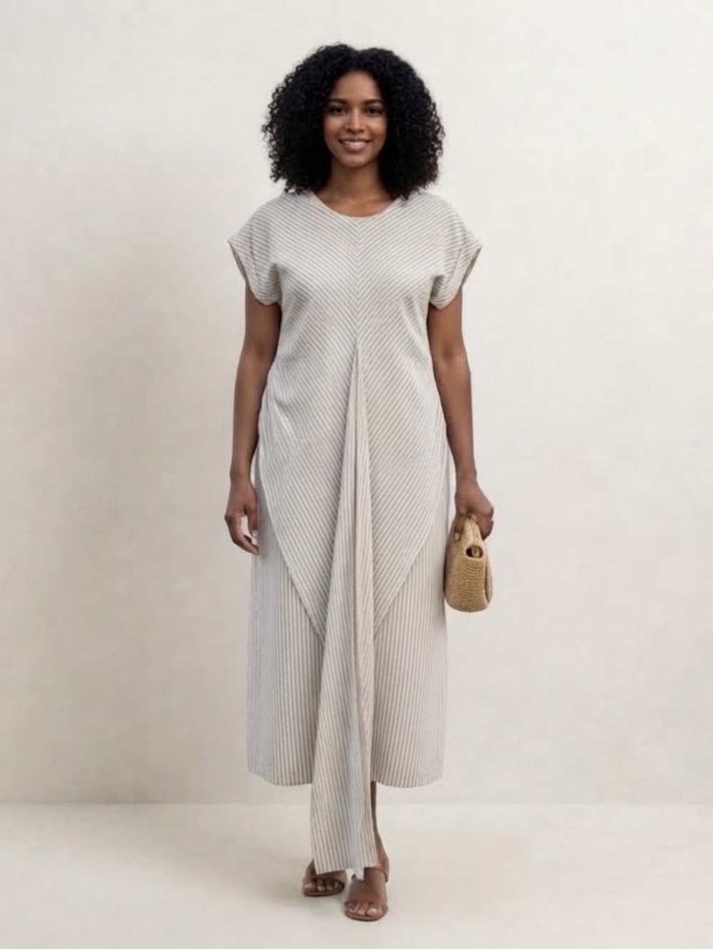 525 Sz XS Linen Blend Striped Nautical Relaxed Neutral Coastal Midi Dress